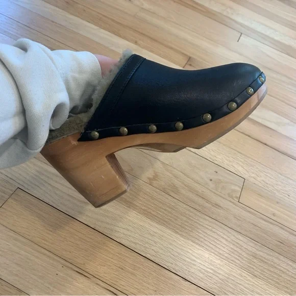 Beek Woodpecker Shearling Clog Leather Studded Wooden Heel Size 7 Fall Boho - Picture 7 of 8